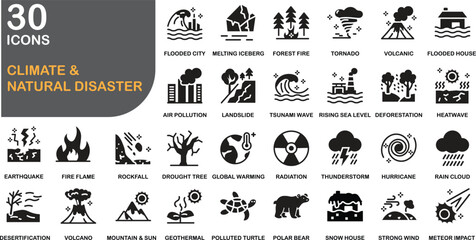 Glyph icon pack of global warming, nature, and natural disasters with bold solid design for modern use.
