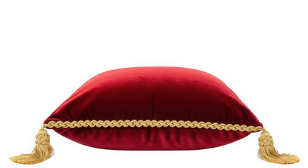 Red velvet cushion with golden tassels isolated on transparent background in studio