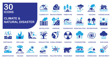 Color icon pack representing climate change, weather, and natural disasters with modern flat style and bold contrast.