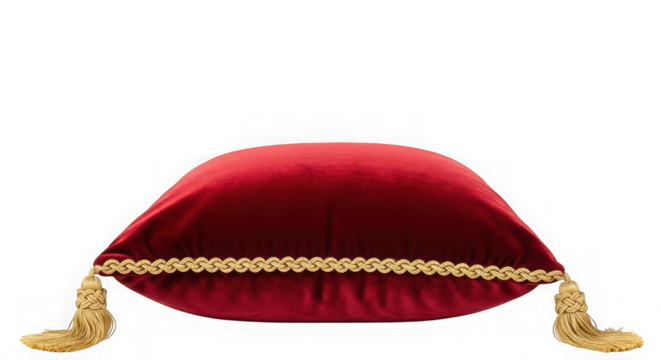 Red velvet cushion with golden tassels isolated on transparent background in studio