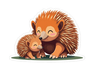 cute cartoon mother echidna lovingly hugs her baby puggle in a sweet illustration.