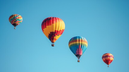 Fototapeta premium Colorful hot air balloons floating in clear blue sky, festival atmosphere, vibrant travel background.