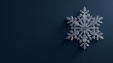 Elegant silver snowflake on dark blue background, minimalist winter Christmas wallpaper with copy space.