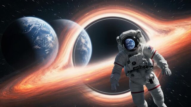 astronaut floats in cosmic space observing glowing orange-red accretion disk around black hole Two planets resemble Earth; Earths reflection on the visor all against dark star-streaked expanse