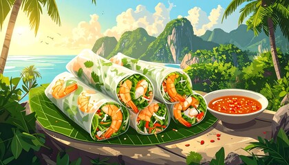 Fresh spring rolls on a tropical beach