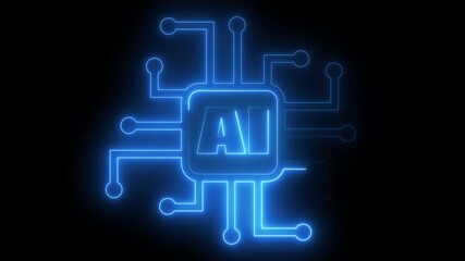 Blue Neon AI Chip Circuit Board Outline on Black Background artificial intelligence