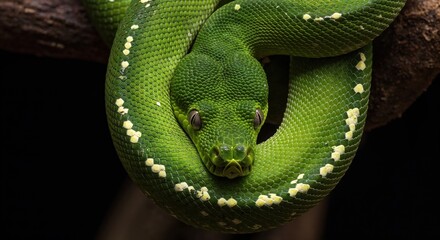 Fototapeta premium Emerald Embrace: A close-up portrait showcases the vivid green hues and intricate textures of a coiled emerald tree python, its gaze captivating.