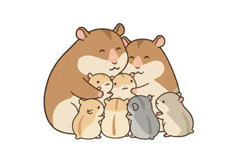 heartwarming illustration of a hamster family, with two large parents embracing their smaller children in a tender moment.