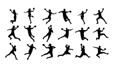 Collection of black silhouette figures depicting handball players in various action poses, jumping, throwing, and moving with a ball.