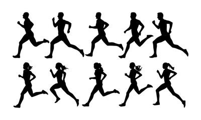 Silhouettes of male and female runners in various stages of running motion, arranged in two rows against a white background.