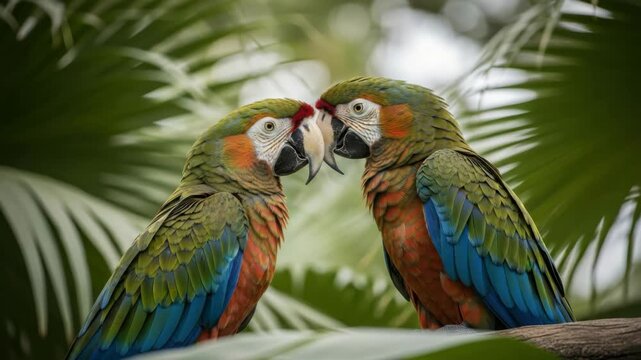 pair of vibrant colorful parrots with green orange and blue plumage face each other intimately on branch Their beaks nearly touch against soft green tropical foliage background
