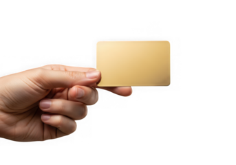 Hand holding a blank gold card isolated on transparent background for mockup