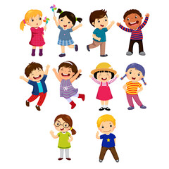 A collection of cheerful cartoon children, diverse in appearance, joyfully playing and waving with smiles on their faces.
