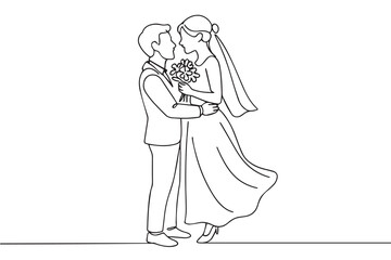 Vector one line drawing of a married couple, elegant black and white minimalist style, outlined with bold black line, symbolizing love unity.