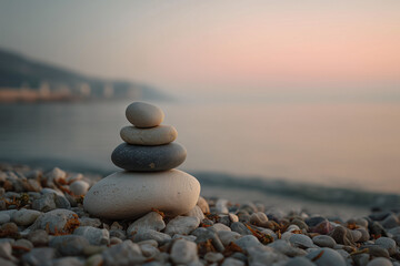 Fototapeta premium Stack of smooth stones balanced on each other on beach at sunrise, soft warm light, calm sea background