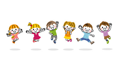 Cartoon illustration of five happy children jumping in the air with arms raised, smiling and expressing joy.