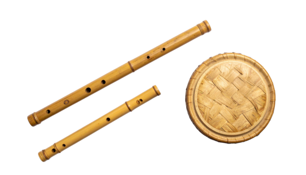  Traditional Bamboo Harp and Handmade Panpipe Set, isolated on transparent background.