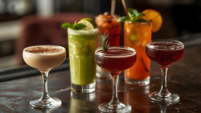 Assortment of colorful cocktails served in elegant glasses on marble bar counter with fresh ingredients and garnishes, creating a vibrant luxury party and nightlife atmosphere