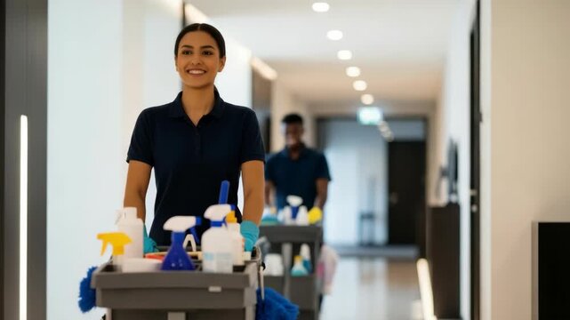 smiling woman in dark polo and blue gloves pushes cleaning cart with spray bottles brush and towels down bright hallway A blurred male worker follows with another cart