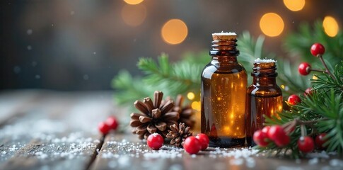 Cozy Winter Aromatherapy Scene Amber Bottles of Christmas Essential Oils with Pine Cones and Berries, Perfect for Holiday Gift Guides and Seasonal Blogs