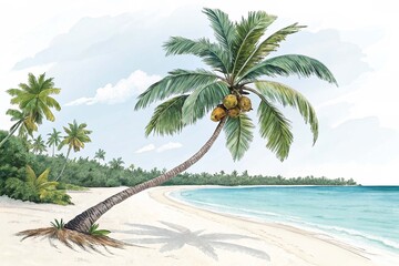 Coconut tree with tropical beach on white background