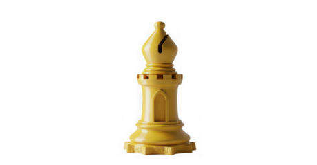 Yellow chess piece isolated on transparent background, a bishop on a white surface
