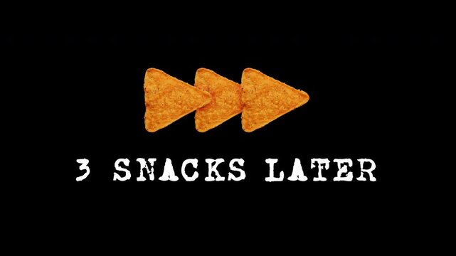Animated banner with the words 3 Snacks LATER. Classic Famous Time Card 4k animation.