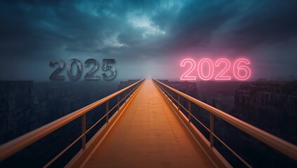 Bridging Time: A visionary illustration depicts a pathway, connecting the years 2025 and 2026, symbolizing the journey from the past to the future. A symbol of forward-thinking 