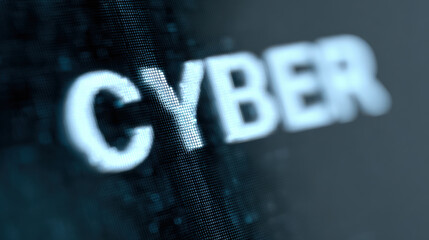 Cyber security concept with fake news warning on digital screen showing pixelated text