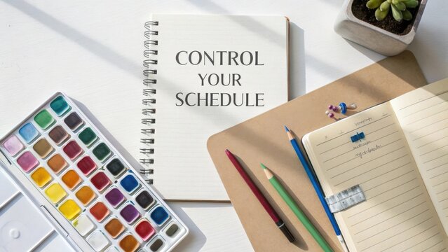 Stylish Workspace with Notebooks, Paints, and Green Plant for Productivity and Organization in Creative Environment