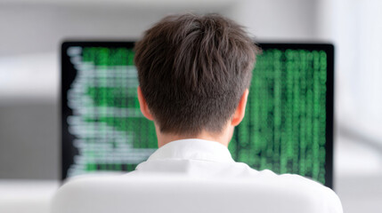 Man facing computer screen with green code symbolizes fake news and digital misinformation in modern office setting