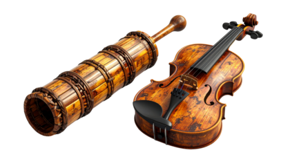   Antique wooden violin and a cylindrical wooden object on a white background