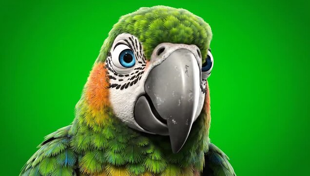 Vibrant animated parrot character with striking blue eyes and colorful plumage against a bright green screen backdrop for motion graphics projects