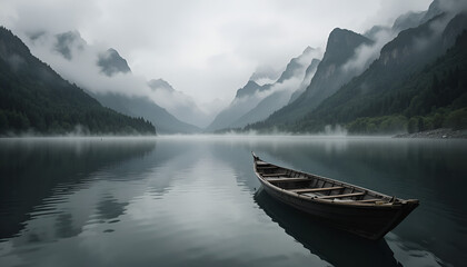 Obraz premium Misty Mountains Reflect in Calm Lake With Lone Wooden Boat