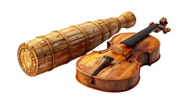  Antique violin and straw covered bottle on white background