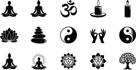 Black yoga and zen spiritual wellness collection with meditative elements