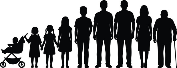 Diverse group of people representing different life stages standing together