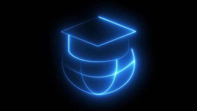 Neon blue graduation cap on a globe icon on black background mortarboard academic