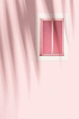 Retro Window with pink closed Shutters Jalousie on pastel pink background with palm leaf shadow, Window frame wood on outdoor wall building. Minimal design abstract. Summer, travel concept copyspace