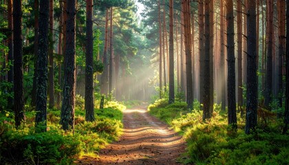 Obraz premium Serene forest path illuminated by sunlight, surrounded by tall trees and lush greenery, inviting exploration
