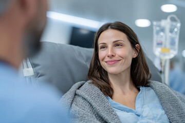 woman lying in a modern hospital bed receiving IV therapy.