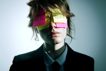 Overwhelmed woman with sticky notes covering her face, representing multiple responsibilities and a busy schedule.