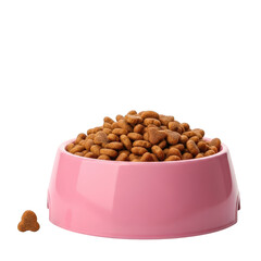 Pink Dog Food Bowl with Pile of Dog Food and One Piece on the Side Isolated on Transparent Background for Pet Care Concepts