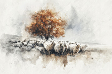 A gentle watercolor image of sheep under a tree beside still waters, their white wool softly blending into the warm pastel scenery.