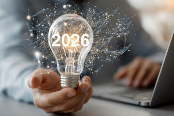 Businessman work on laptop and holding light bulb with 2026 target, symbolizing vision and innovation for future goals