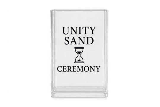 Unity sand ceremony sign with hourglass icon