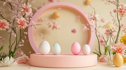 Pastel Easter eggs on a podium, floral background.  Possible use Social media post, product presentation