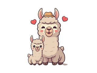 Adorable cartoon mother llama and her cute baby cria sharing a loving moment with hearts.