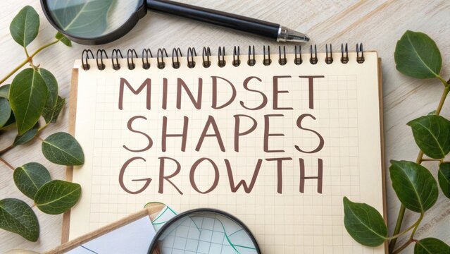 Mindset Shapes Growth Message on Notebook Surrounded by Greenery and Magnifying Glass on Wooden Desk