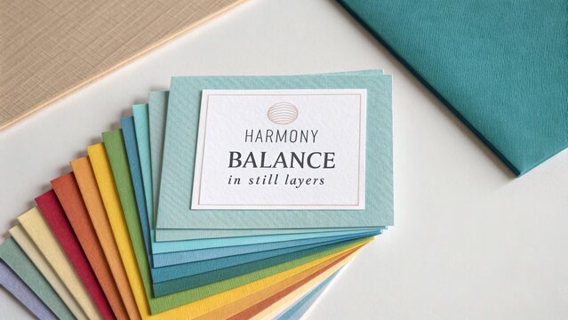 Colorful paper layers with text featuring harmony and balance in a modern creative workspace setting